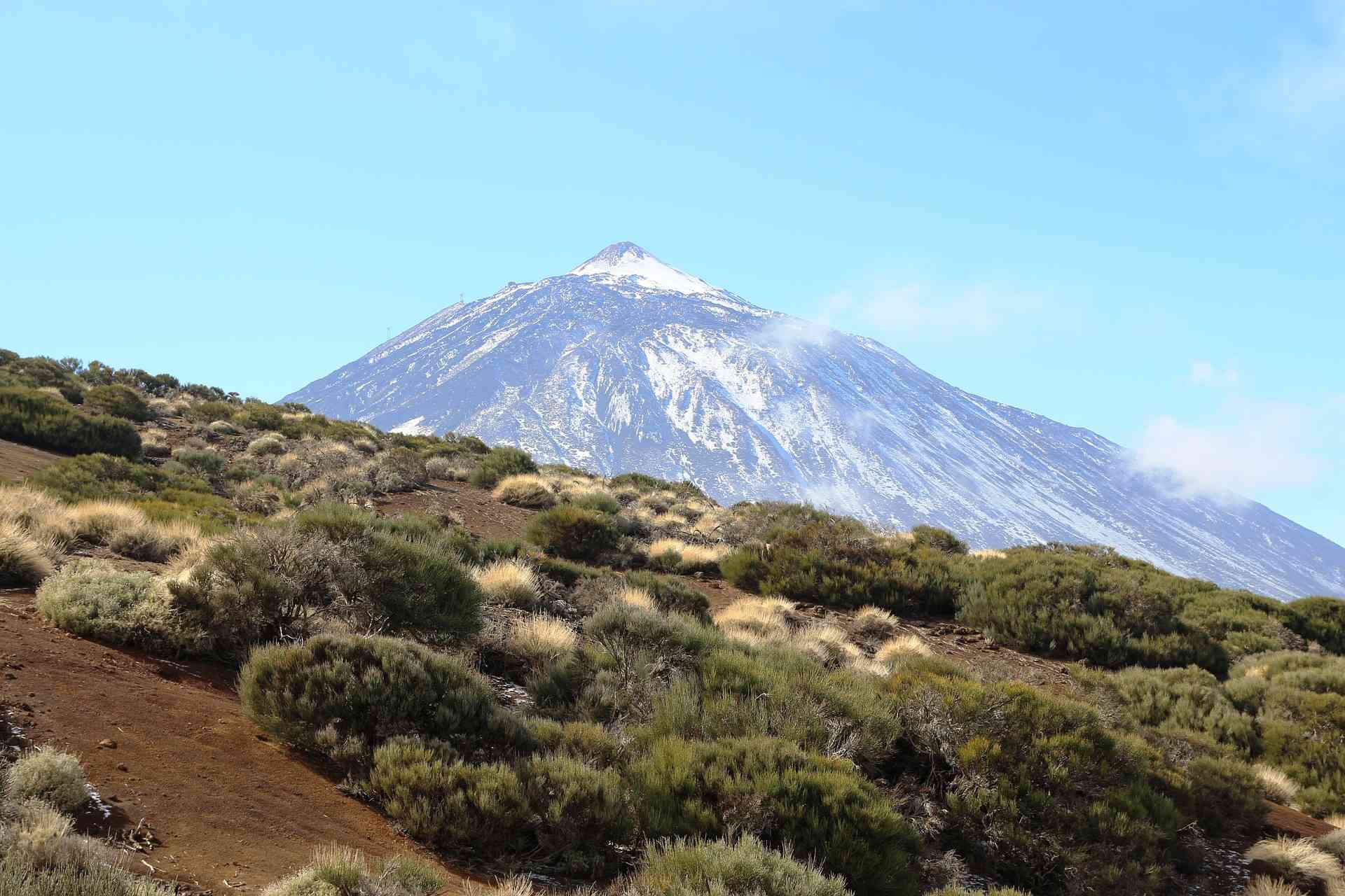 Foto del Teide con la neve. In primo piano si nota la vegetazione arbustiva tipica della zona.